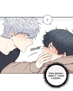 Manga panel showing two boys in an intimate close-up scene with speech bubbles