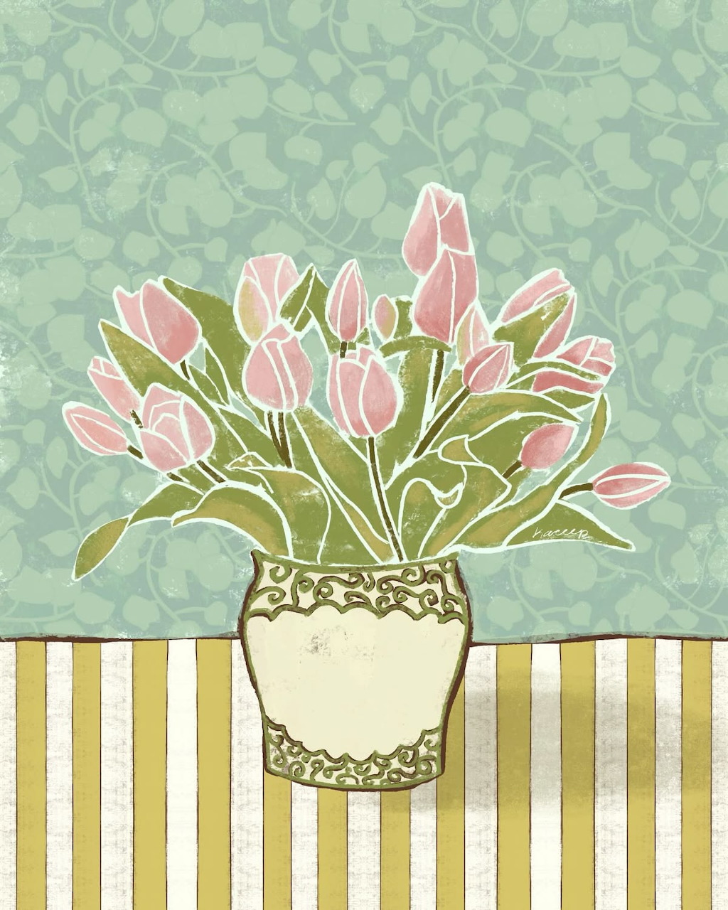 Illustration of pink tulips in a cream vase on a blue patterned background