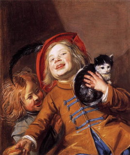 Painting of two smiling children in17th century clothing holding a black and white cat