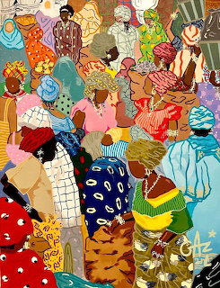 Colorful painting of African women in traditional clothing and head wraps at a busy outdoor market