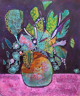 Abstract painting of colorful patterned feathers in orange vase on pink decorated surface