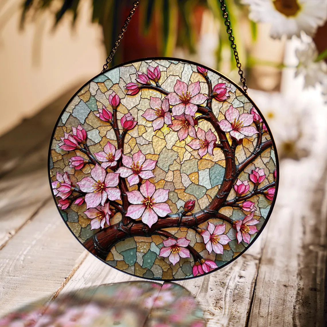 Circular suncatcher with pink cherry blossoms and branches in stained glass style