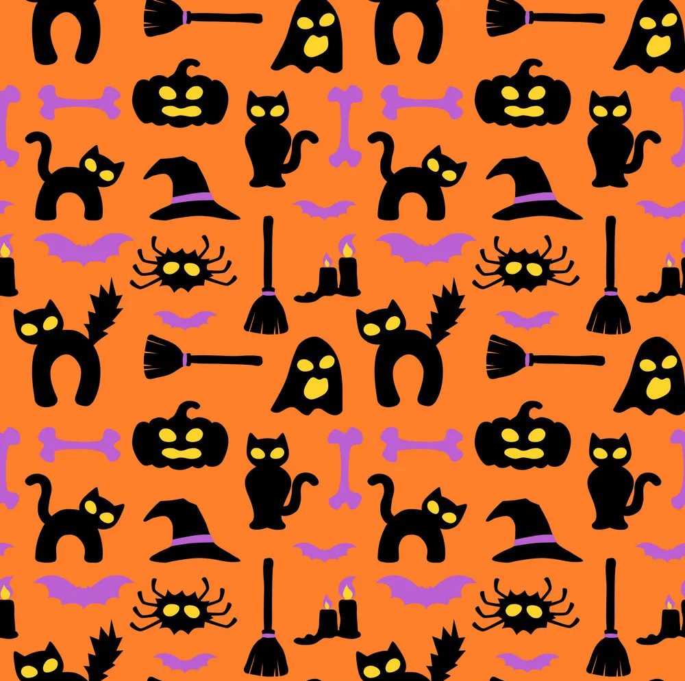 Seamless Halloween pattern with black cats, pumpkins, witch hats, and bats on orange background