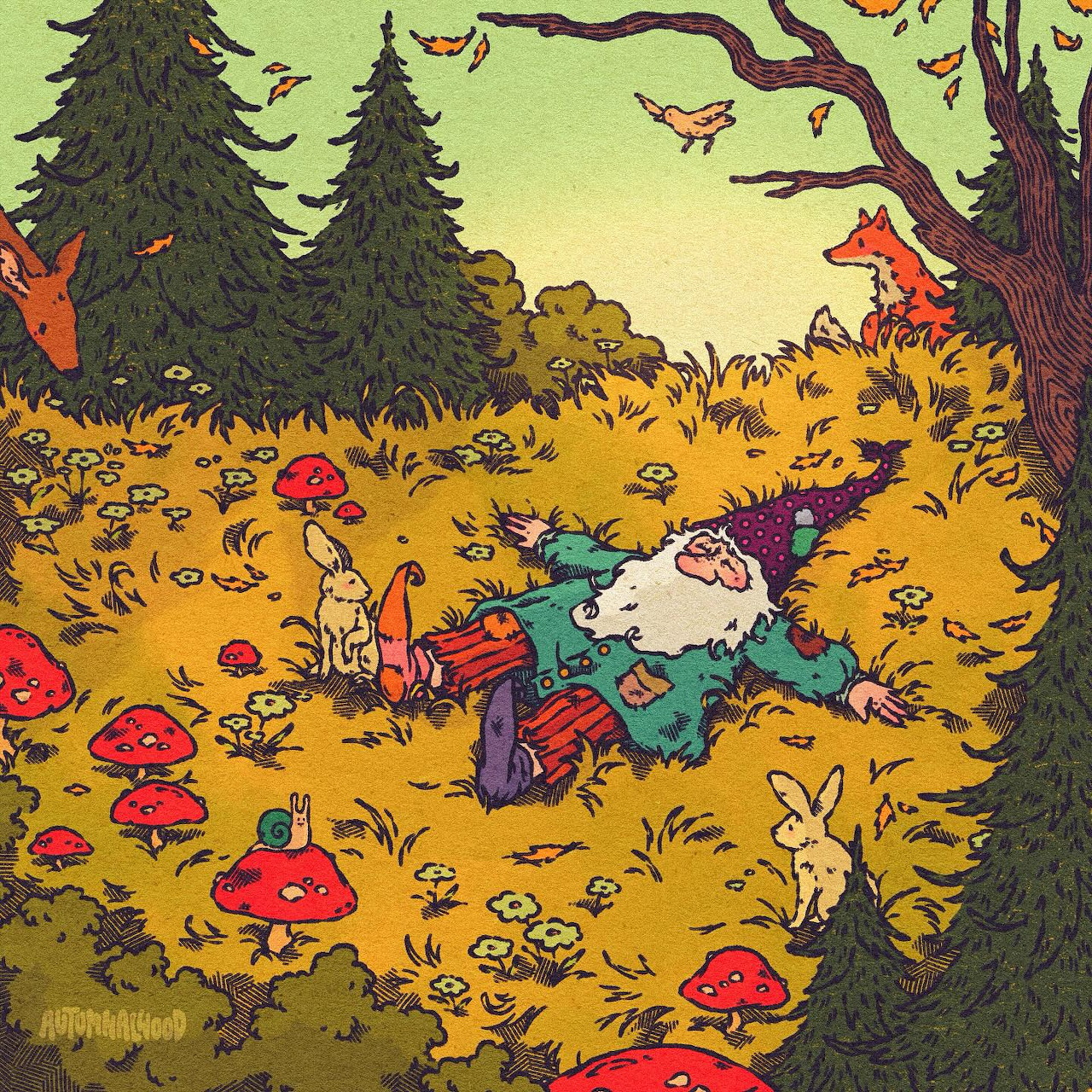 Cartoon gnome reading book in yellow autumn forest with red mushrooms and animals
