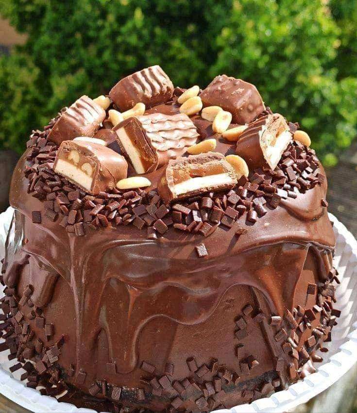 Chocolate fudge cake with candy pieces, nuts, and chocolate sprinkles on top