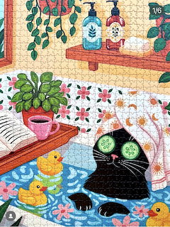 Illustration of a black cat in a bathtub with cucumber slices on eyes, rubber ducks, plants, and bath items