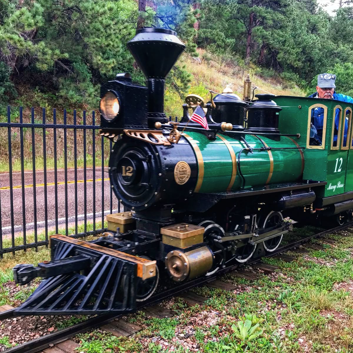 Small green steam locomotive on tracks beside a fence in a wooded outdoor area