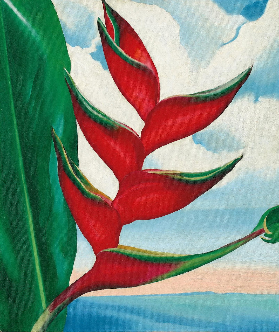 Red tropical heliconia flower painting with blue sky and ocean by Georgia O'Keeffe