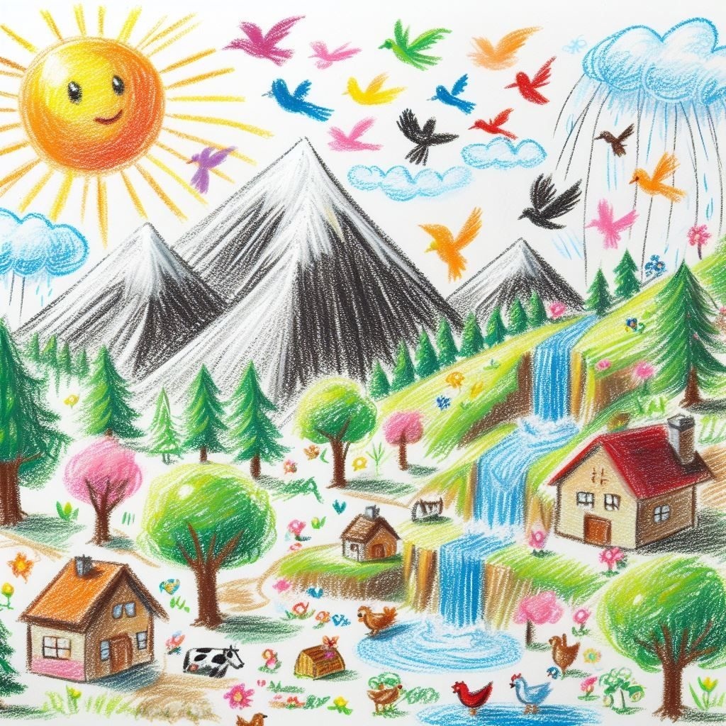 Whimsical drawing of mountains, village houses, waterfalls, trees, sun, clouds and colorful birds in a pastoral scene