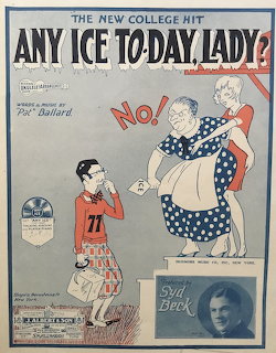 Vintage illustrated sheet music cover with a woman, a man in red, and a small portrait inset