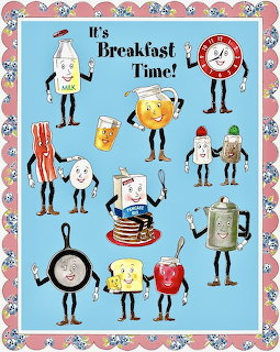 Cartoon breakfast foods with faces and legs including bacon, eggs, toast, coffee pot, and pancakes