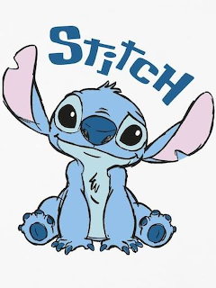 Blue cartoon alien character Stitch sitting with large pink ears and big eyes