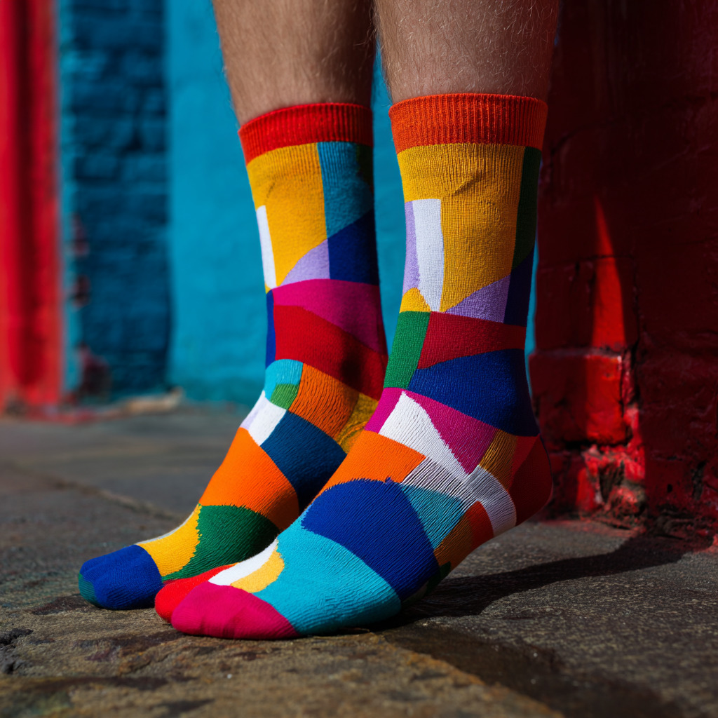 Person wearing bright multicolored geometric pattern socks while standing on a pavement