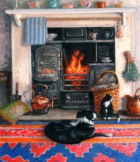Painting of a dog and cat lying on a colorful rug in front of a lit cast iron fireplace in a cozy room