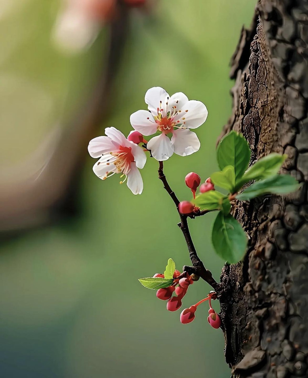 White cherry blossom flowers with pink centers on a branch with green leaves and buds