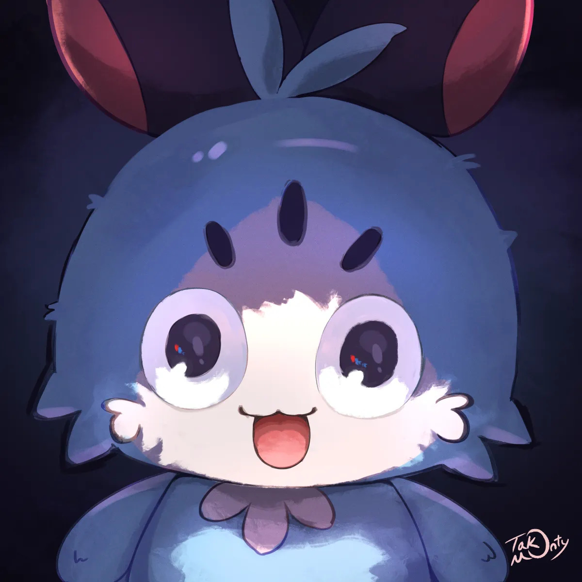Chibi anime character in blue hooded costume with animal ears and big happy eyes
