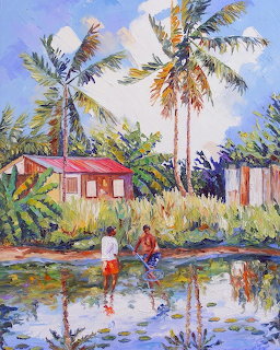 Colorful painting of two children in a tropical pond with palm trees and a red-roofed house