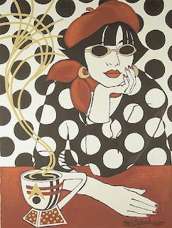 Illustration of a stylish woman in beret and sunglasses with coffee cup and Eiffel Tower on polka dot background