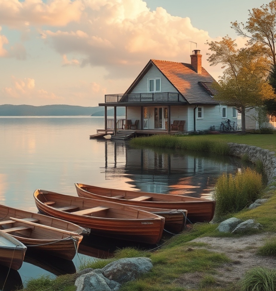 Wooden chalet beside a mountain lake with canoes and pine forest in summer