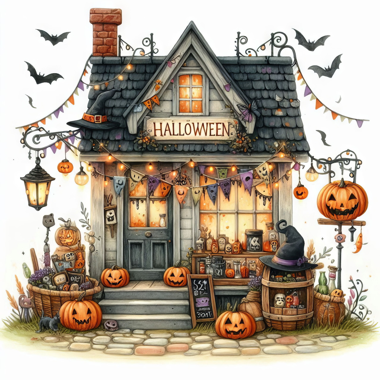Illustration of a cozy Halloween shop with pumpkins, bats, lanterns, and autumn decorations