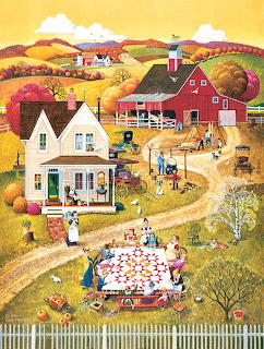 Folk art painting of a quilting bee in a rural autumn farm scene with houses, barns, and rolling hills