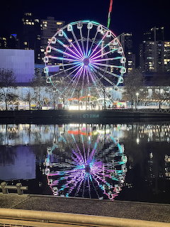 Colorful ferris wheel at night reflected in a river in Melbourne city