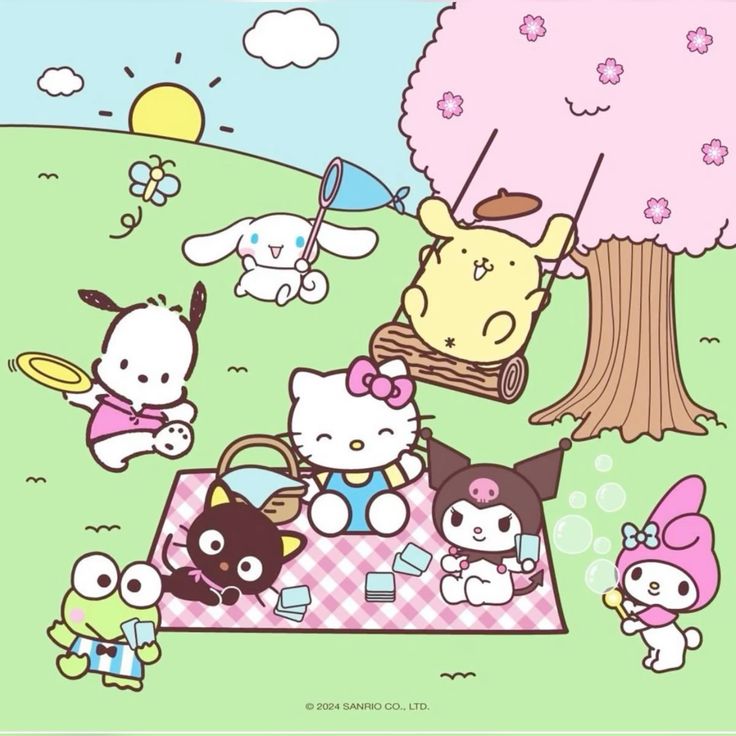 Sanrio characters including Hello Kitty picnicking under cherry blossom tree in kawaii illustration style
