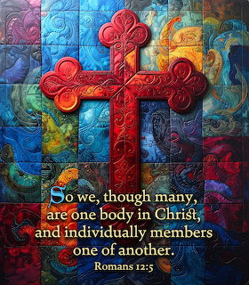 Ornate red cross on colorful quilt background with Romans 12:5 Bible verse text