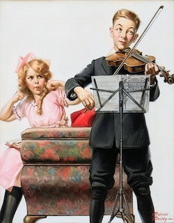 Girl at piano looks annoyed while boy plays violin in vintage illustration
