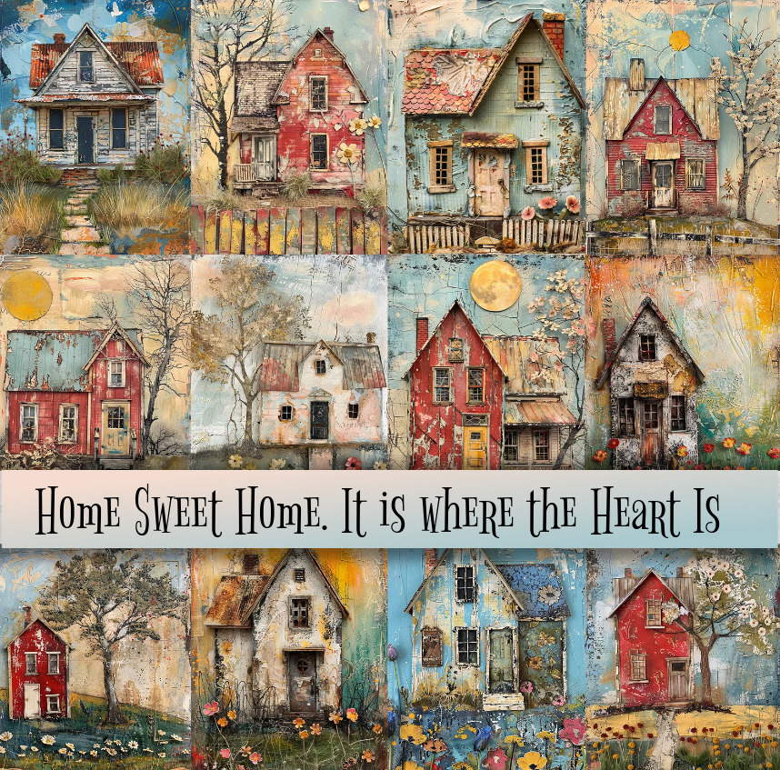 Collage of twelve whimsical painted houses in different colors and styles with quote about home