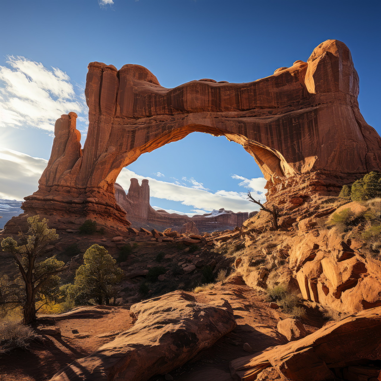 Sunlit sandstone arch over a rocky desert landscape with sparse trees and blue sky