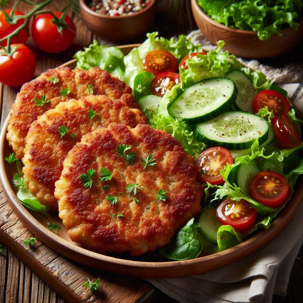 Two crispy golden potato patties on a bed of fresh lettuce with cucumber slices and cherry tomatoes