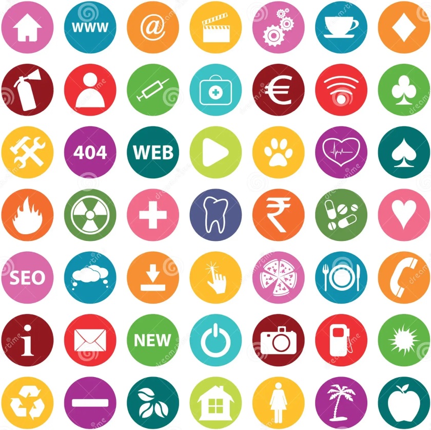 Colorful circular icons arranged in a grid on a white background