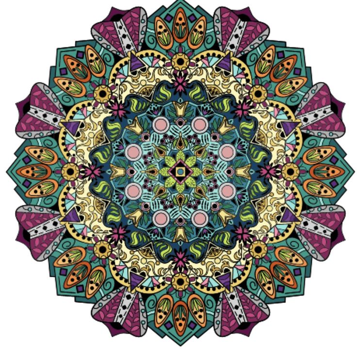 Detailed circular mandala with symmetrical geometric and floral patterns in multiple colors