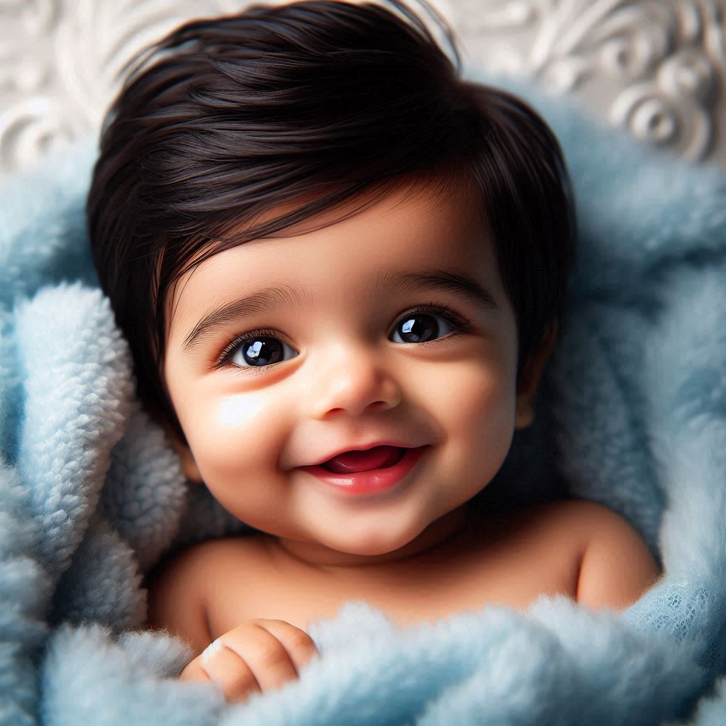 Close-up of smiling baby with dark hair wrapped in blue blanket