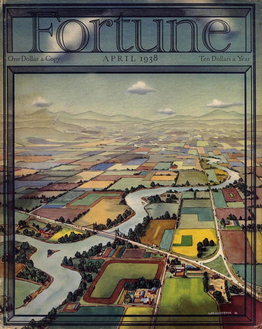 Fortune magazine April 1938 cover showing aerial view of river valley and farmland fields