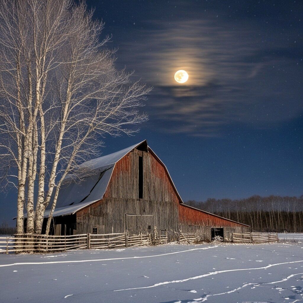 Snowy barn and leafless trees under a full moon at night