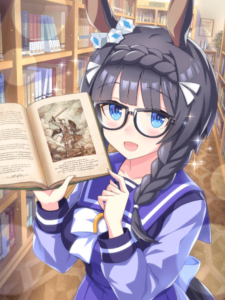 Anime girl with animal ears and glasses holding an open book in a library, Umamusume Pretty Derby style.