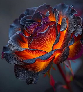 Dark rose with glowing orange and red inner petals against a dark background