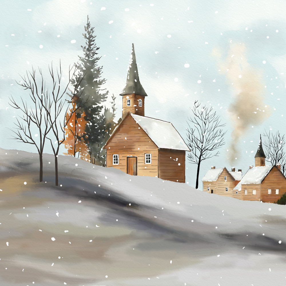 Winter painting of a snowy village church and cottages on a hill with falling snow