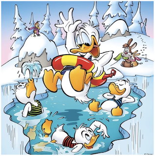 Donald Duck swimming in ice water with nephews in snowy winter scene