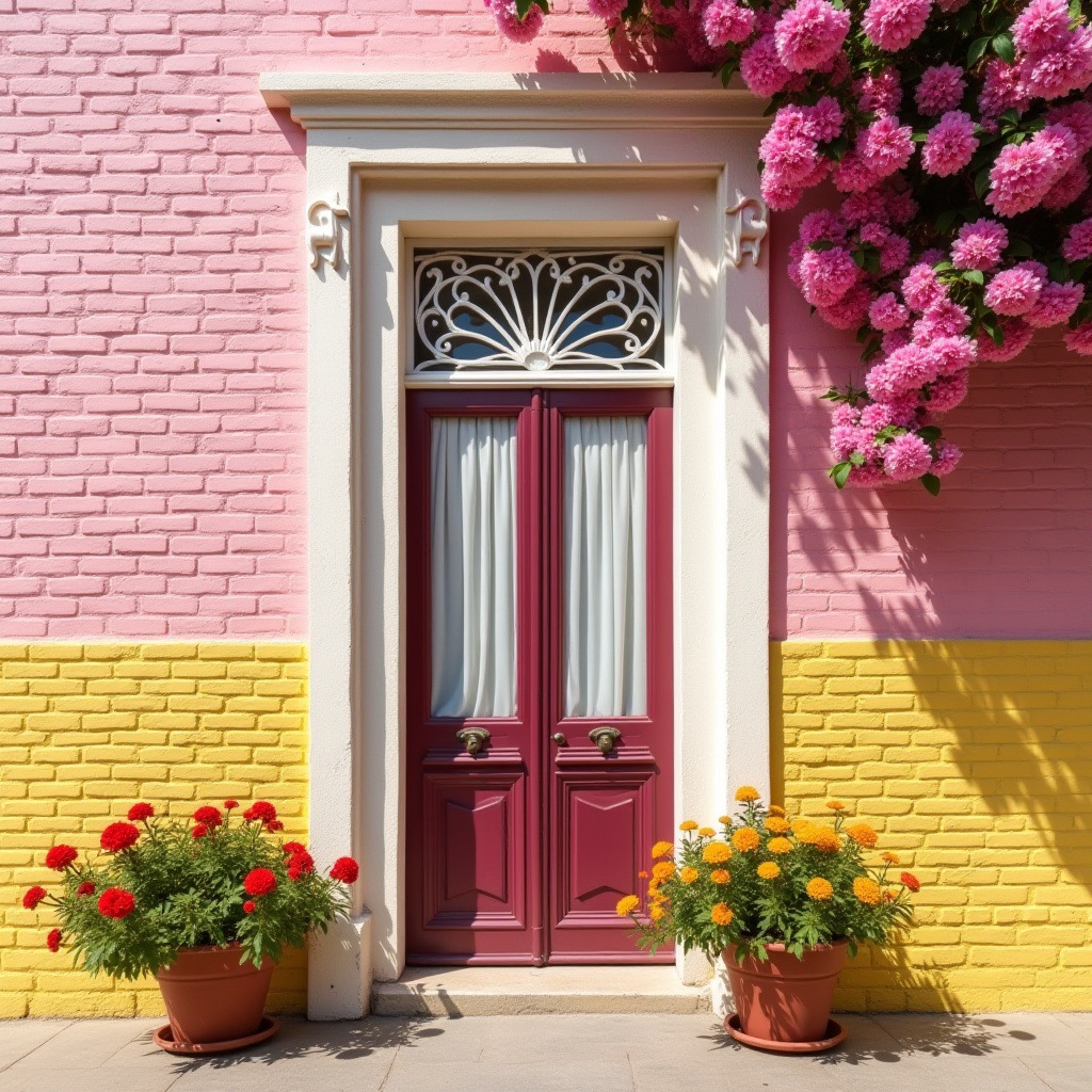 Pink and yellow brick facade with a burgundy door and potted flowers