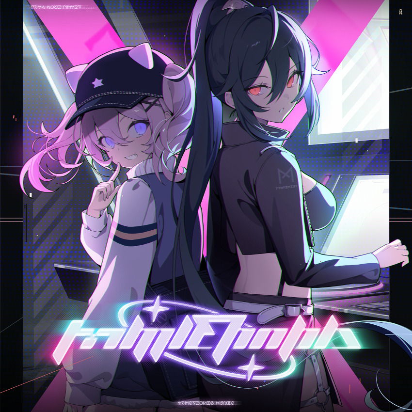 Anime-style image of two girls back to back with pink and blue neon lighting