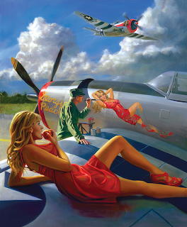 Pin-up woman in red dress reclining on WWII fighter plane with nose art and pilot