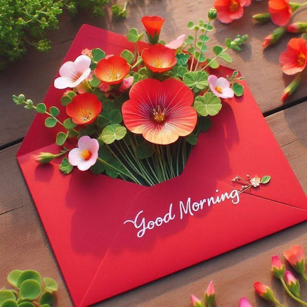 Paper flowers emerging from red envelope with Good Morning greeting on rustic wooden table