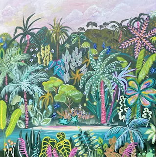 Vibrant painting of a tropical jungle with palm trees, exotic foliage, and a blue lagoon