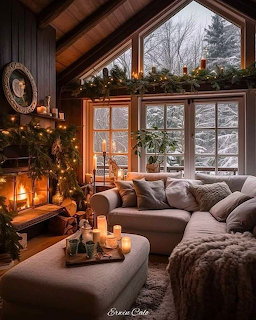 Cozy cabin living room with Christmas tree, candles, and snowy mountain view through large windows