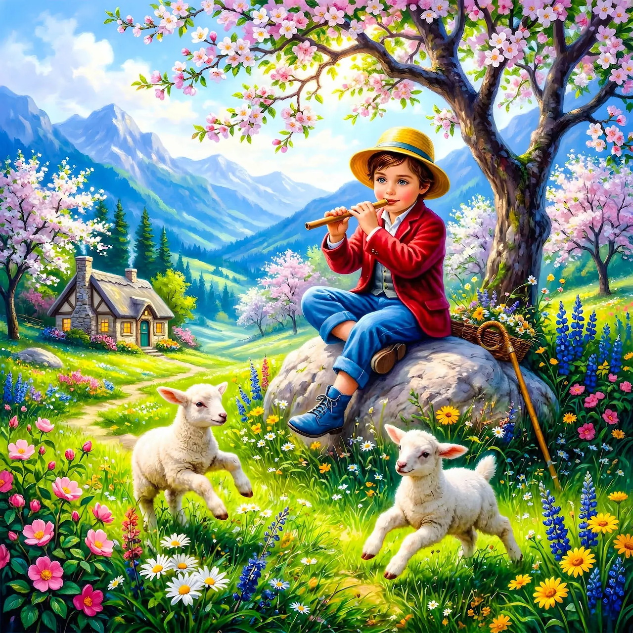 Boy playing flute sits on rock with lambs in spring valley, cherry blossoms overhead, mountain cottage background