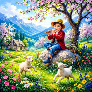 Boy Playing Flute with Lambs in Spring Mountain Valley