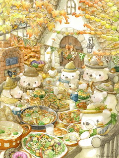 Illustration of cute animals enjoying an autumn feast with many dishes on a table surrounded by golden trees and cottages